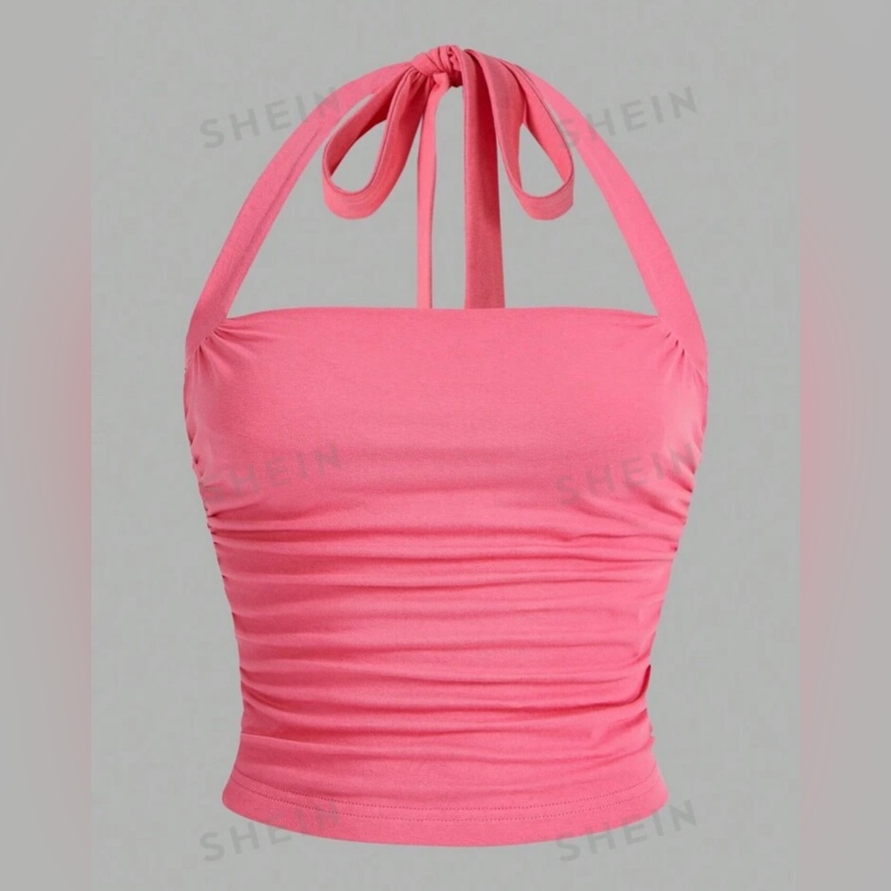 New SHEIN EZwear Barbiecore Pink Summer Solid Ruched Halter Top Size Small - Picture 1 of 8